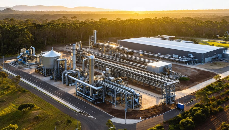 "A modern waste-to-energy facility in Australia, illuminated by golden hour sunlight, surrounded by lush landscape."