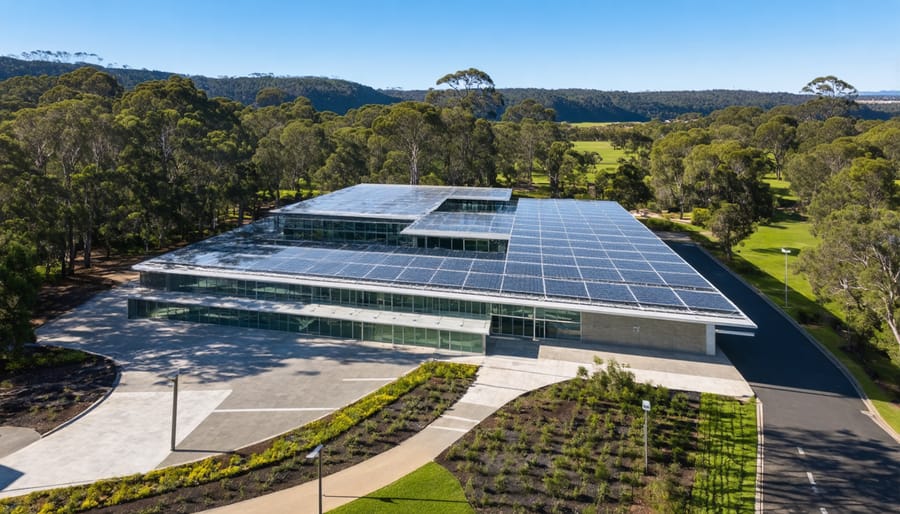 Aerial view of an Australian zero-carbon building featuring solar panels and green design elements