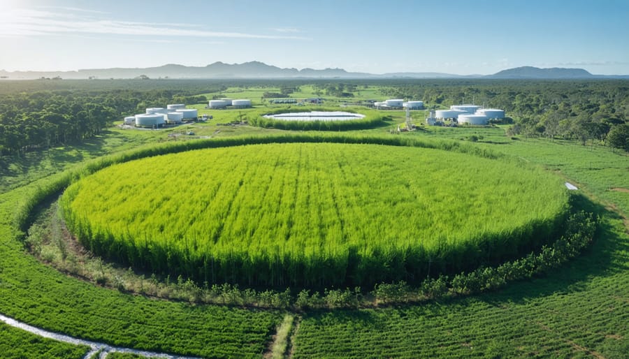 "Modern bioenergy facility in Australian landscape with fields and blue sky, symbolizing circular economy."