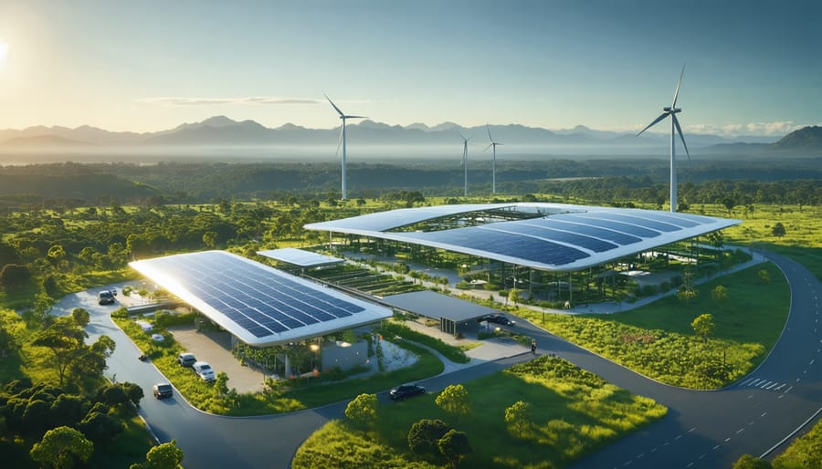 A visionary Australian bioenergy research facility set amidst lush landscapes, illustrating the integration of solar, biomass, and wind technologies in the country's energy transition.