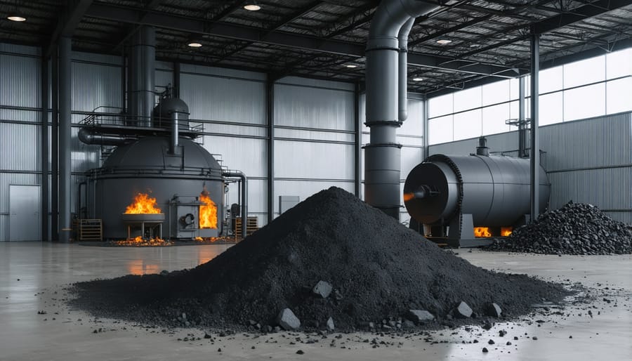 Industrial biochar production system showing processing equipment and final product