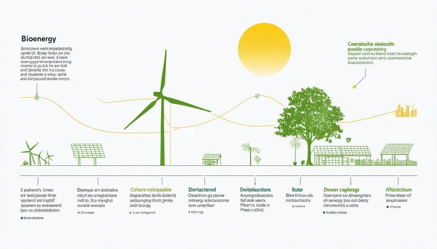 Graph comparing steady bioenergy output versus variable solar and wind generation over 24 hours