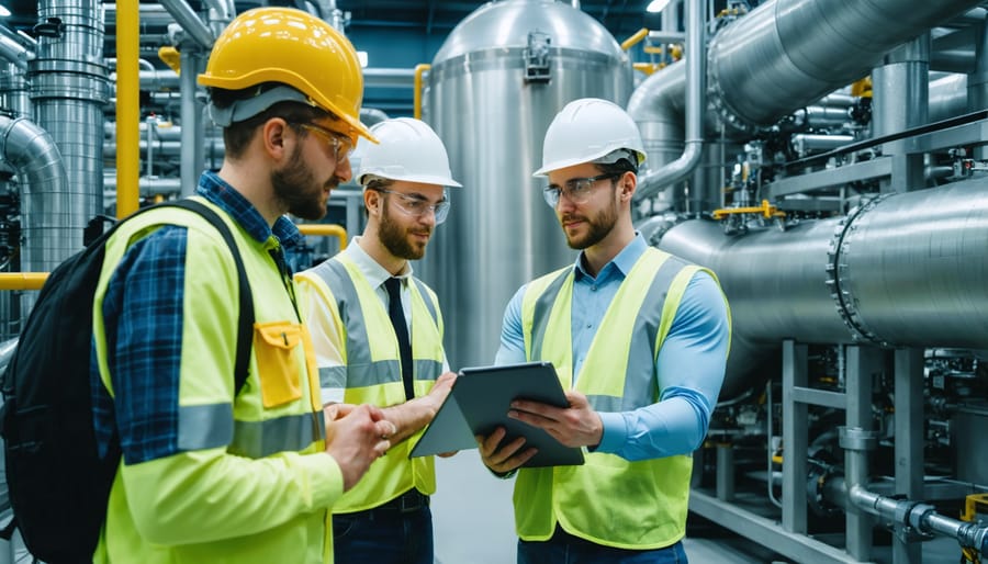 Group of engineers in safety gear examining equipment at a bioenergy facility