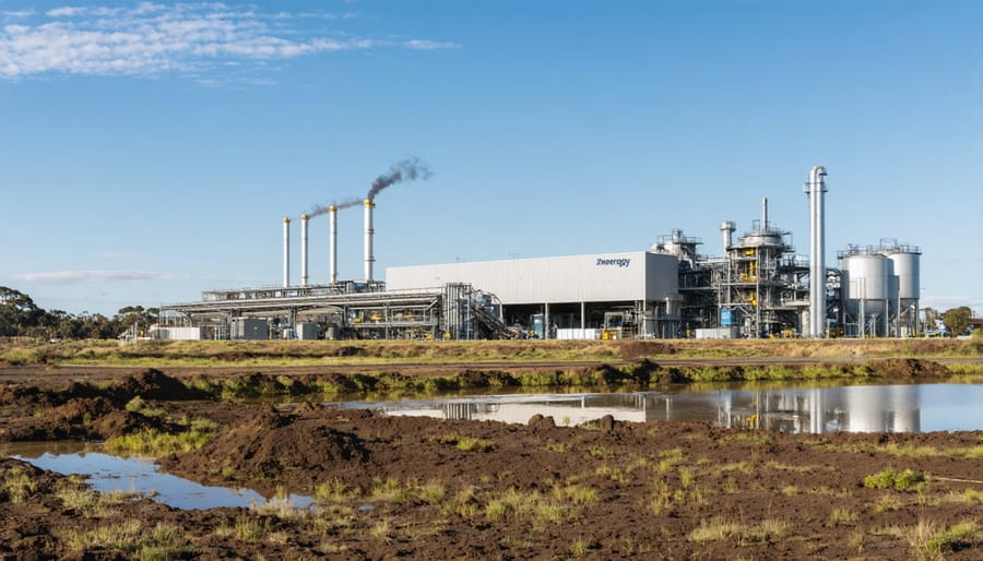 Modern bioenergy plant illuminated at dusk with mountains in background