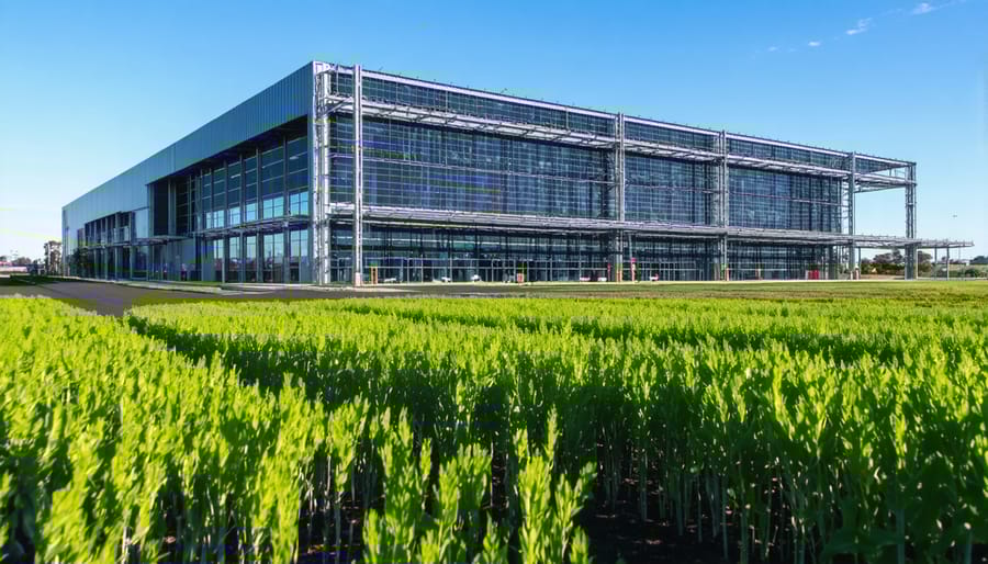 Modern glass and steel bioenergy research facility exterior at sunset