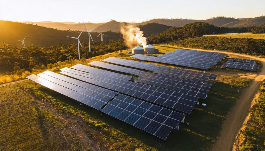 Elevated wide view of an Australian renewable energy site with a solar farm in the foreground, wind turbines on a ridgeline, and a compact bioenergy plant with covered biomass piles and a light steam plume, set among rolling farmland, eucalyptus trees, and distant hills at golden hour.