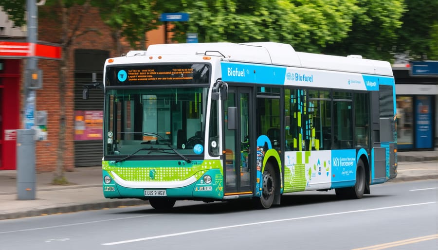 Public transport bus powered by carbon-neutral biofuel in city environment