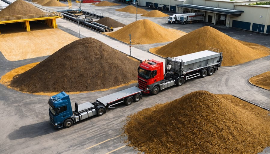 Large-scale biomass storage facility with logistics operations in progress