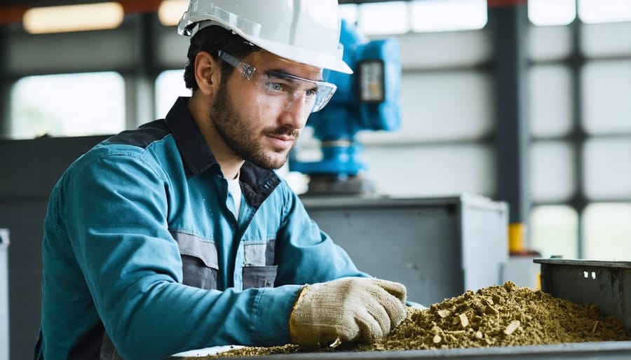 Mature trainee learning to operate biomass processing machinery under supervision
