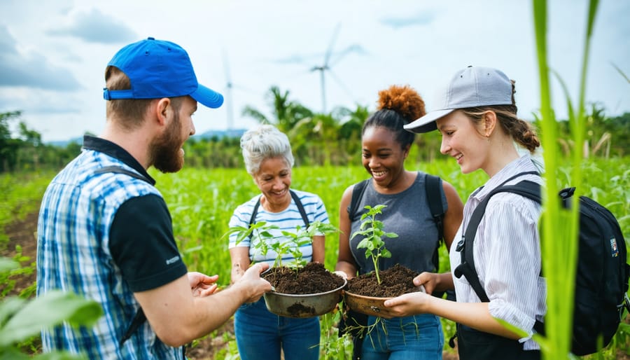 Diverse group of community members working together around biogas equipment