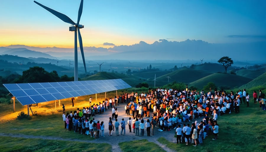 Illustration of a diverse community gathered around a large wind turbine and solar panels, symbolizing unity and sustainability in energy cooperatives.