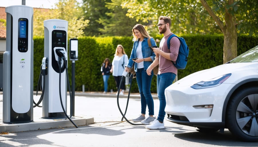 Group of diverse community members gathered around new EV charging station