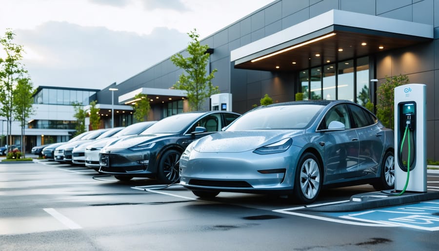 "Modern electric vehicles charging at sleek stations with a suburban shopping center as the backdrop, highlighting sustainable transport integration in community spaces."