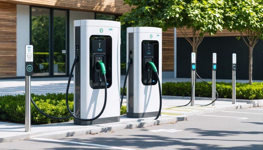 Multiple electric vehicles charging at modern charging stations in a suburban shopping center