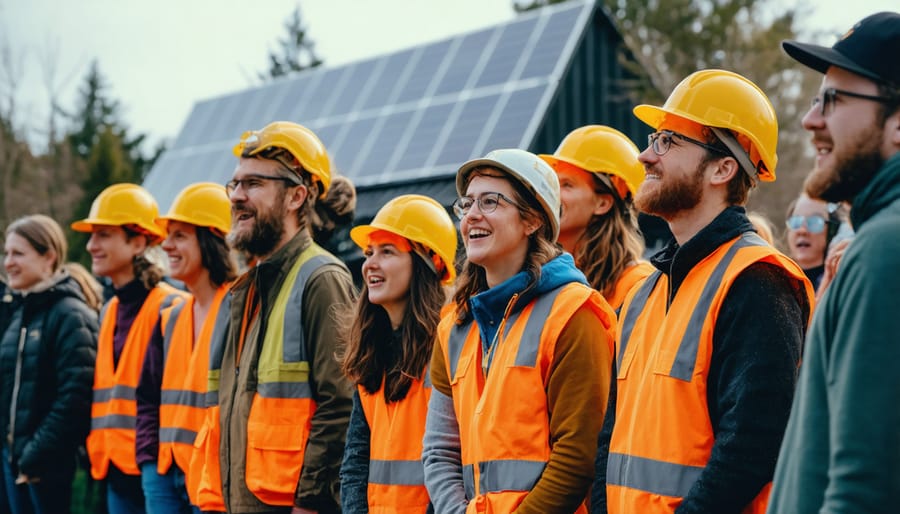 Diverse group of community members standing together with solar panels in background
