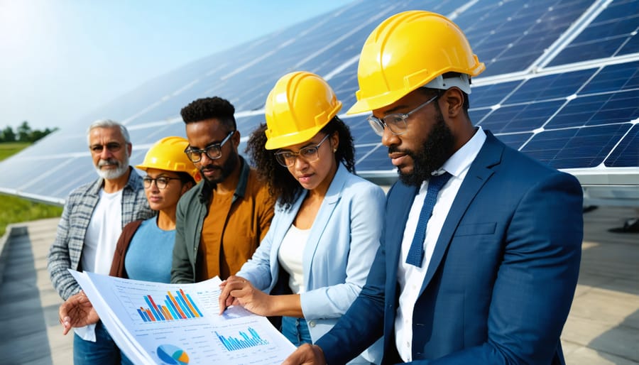 Diverse group of professionals reviewing renewable energy project blueprints on a table