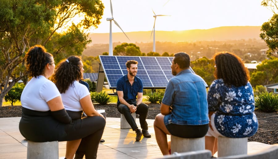 Diverse Australian community members stand in a semicircle outside a council building with rooftop solar at golden hour, discussing together while distant wind turbines and gum trees appear softly blurred in the background.