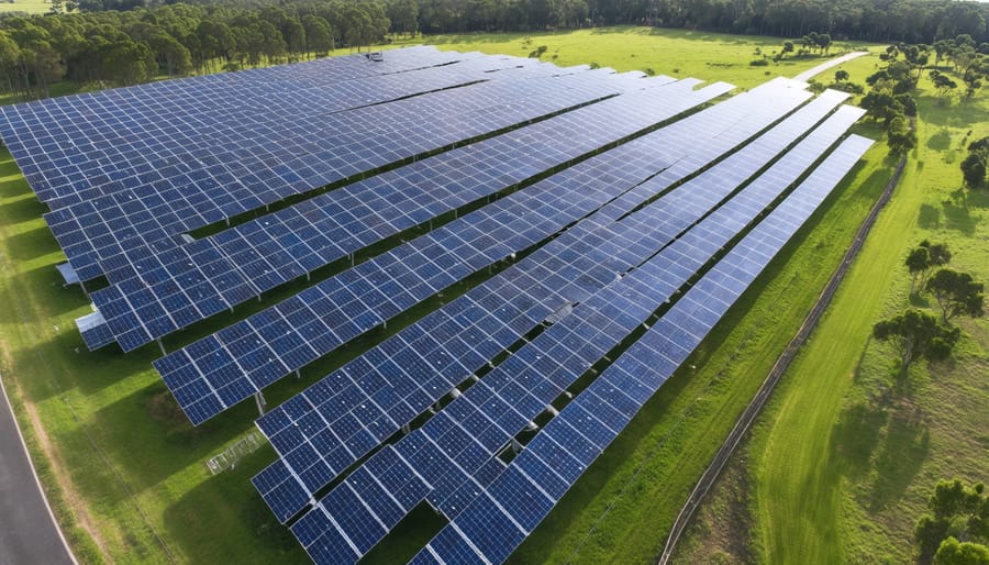 Birds-eye view of a large solar installation with community members gathered nearby
