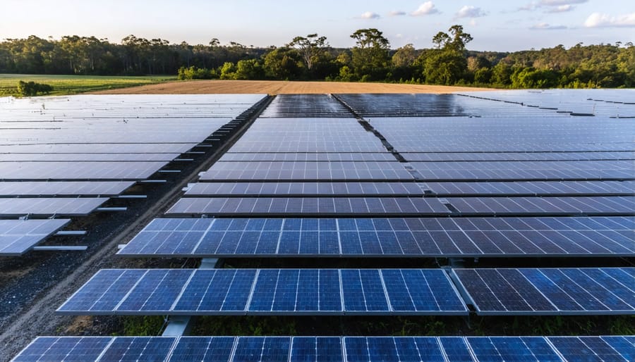 Large solar farm installation in Australian rural landscape under blue sky