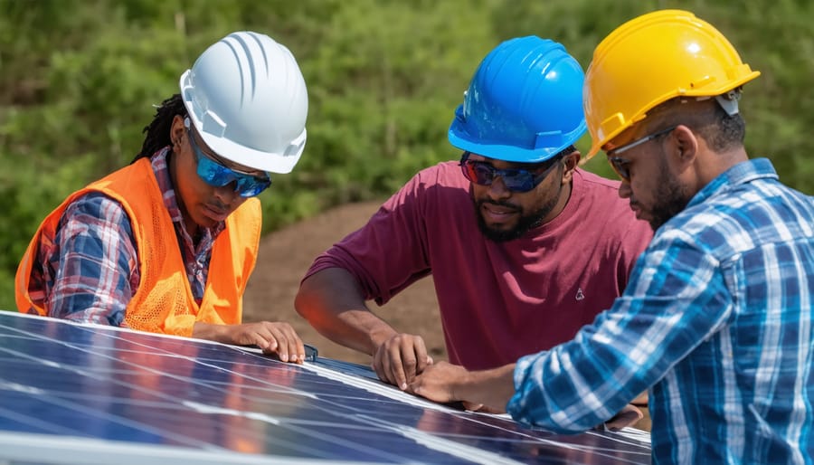 Diverse group installing solar panels on community building rooftop