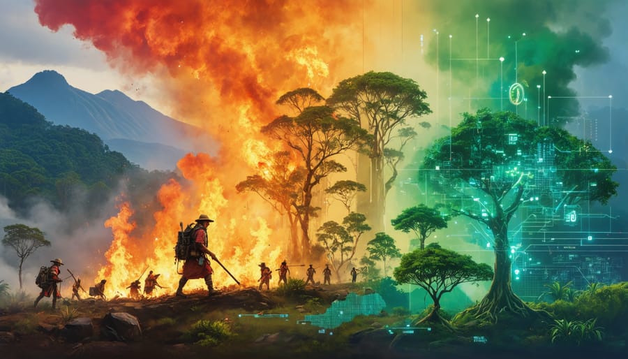 Conceptual illustration of the integration of Indigenous, modern scientific, and Asian cultural approaches to environmental sustainability, featuring elements of traditional land management, technological innovation, and community collaboration within an Australian landscape.