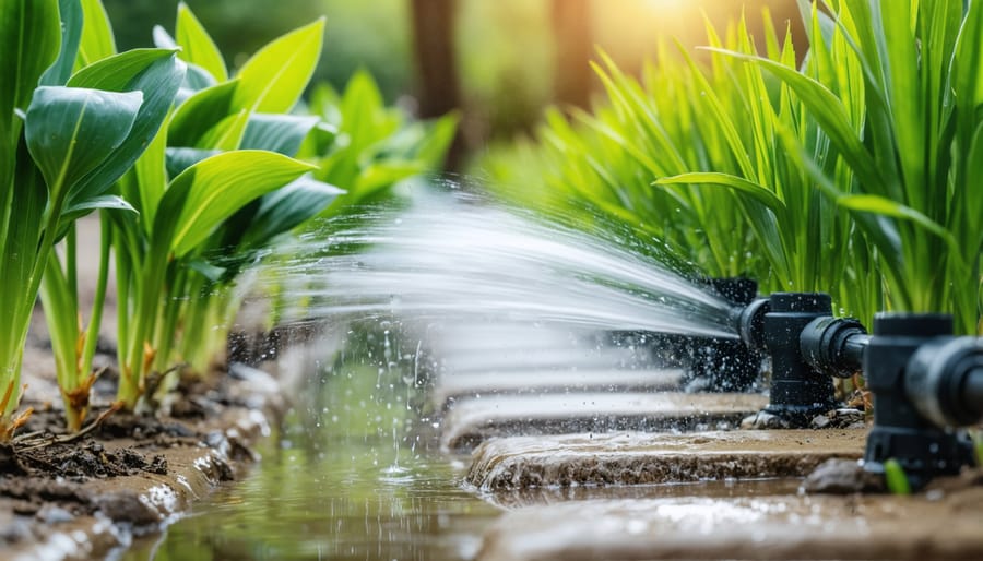 Close-up of drip irrigation system with water droplets falling onto mulched soil