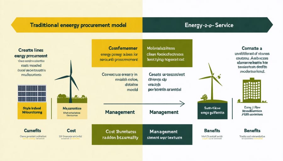 Side-by-side comparison diagram of traditional energy model versus Energy-as-a-Service model
