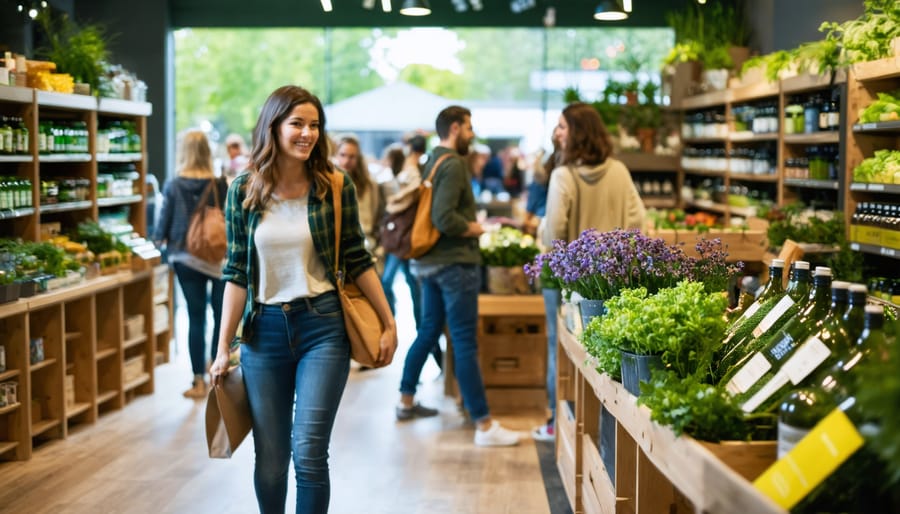 "People shopping in an eco-friendly store with sustainable products, creating a modern and inspirational atmosphere."