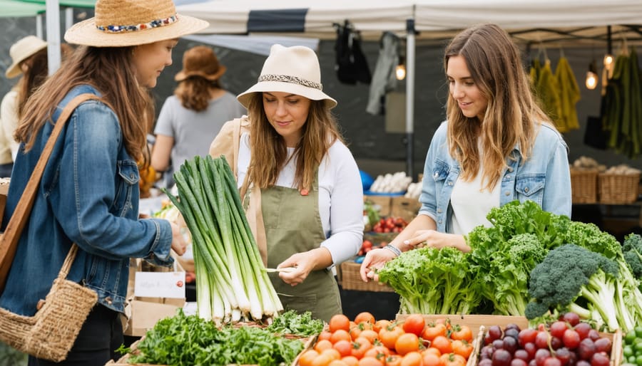 People shopping at farmers market examining products