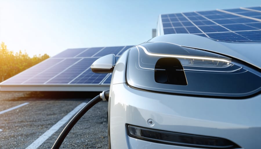 Electric vehicle charging at home with solar panels on house roof