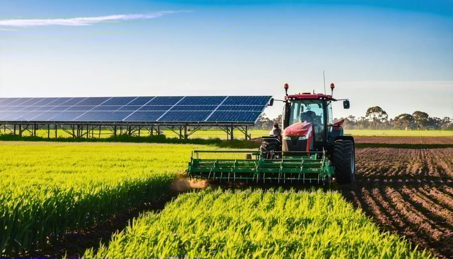 Australian farmer on property with integrated solar, wind, and biomass energy systems