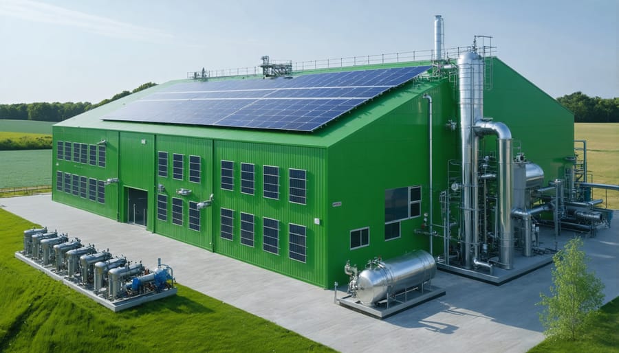 Large-scale green hydrogen production plant with rows of solar panels and electrolyzer units