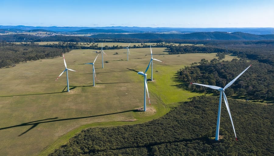 Two wind turbines at Hepburn Wind Farm with surrounding community and countryside