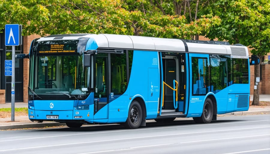 Modern hydrogen-powered public bus operating on city streets with zero emissions