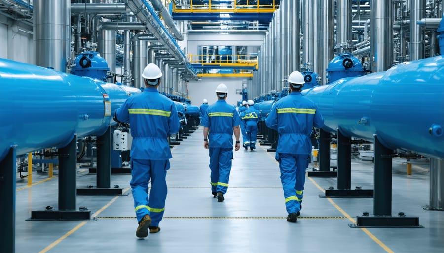 Industrial workers inspecting modern hydrogen storage facility