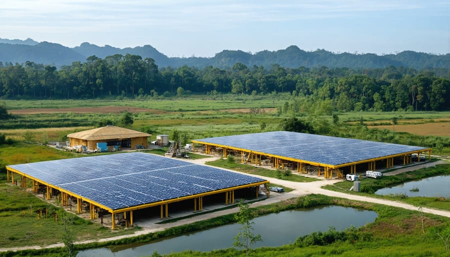 Indigenous-operated bioenergy plant with solar panels and native vegetation