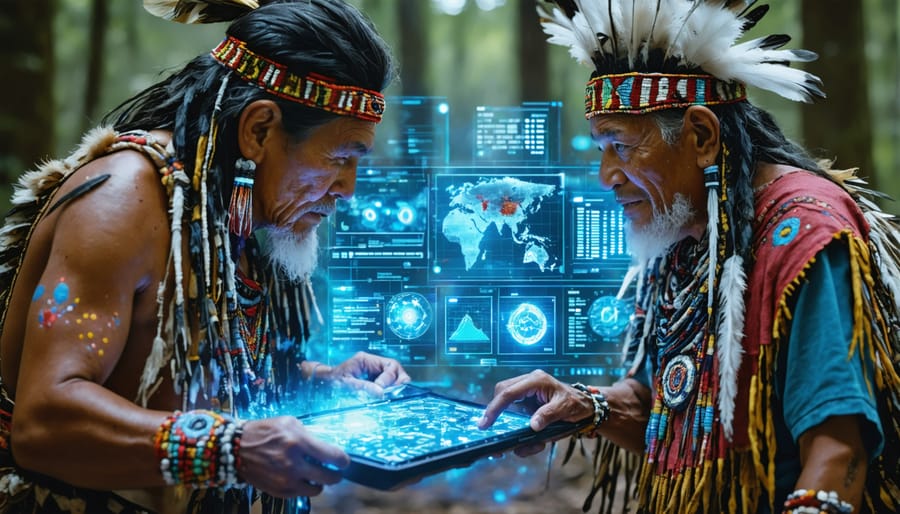 Indigenous community leaders and research team reviewing data on interactive screens