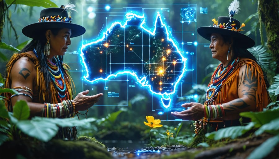 Indigenous community leaders and scientists gathered around a holographic map of Australia, highlighting bioenergy projects and traditional knowledge integration, surrounded by native plants and modern energy solutions.