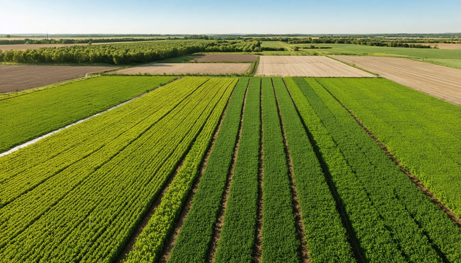 Aerial view of agricultural land with integrated solar panels and biogas facilities
