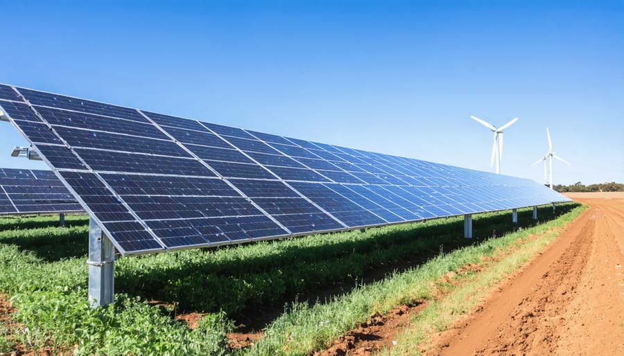 Australian farm featuring solar panels, wind turbine, and bioenergy facilities working together
