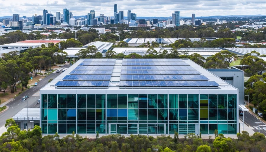 "Contemporary bioenergy facility with glass facade in an Australian urban setting, illustrating growth in bioenergy jobs."