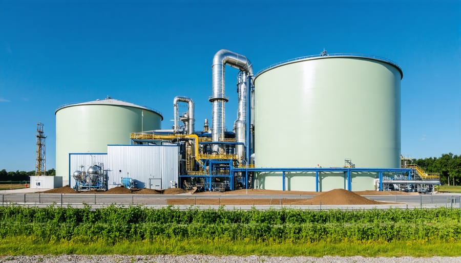 Modern biogas facility exterior showing large silver digester tanks and organized waste collection area