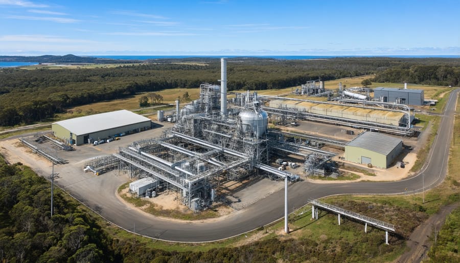 Aerial view of Mount Gambier Biomass Plant showing facility layout and power transmission lines