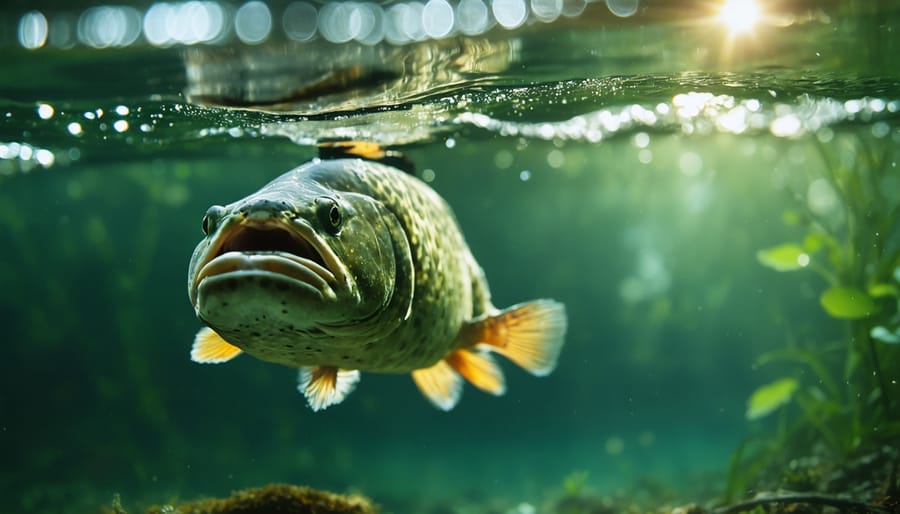 "The Murray cod swimming underwater in an Australian freshwater ecosystem, surrounded by rippling water and blurred plants."