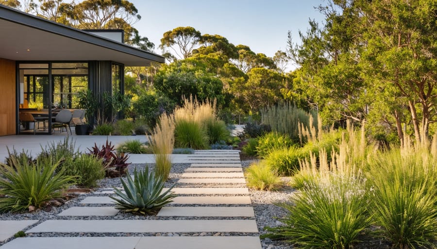 Lush Australian native garden featuring Banksia and Grevillea plants in natural arrangement