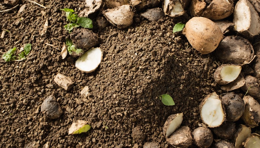 Close-up of hands holding dark, rich compost with visible organic matter
