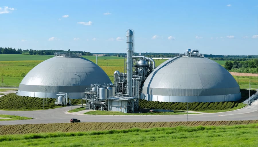 Large industrial anaerobic digestion tanks converting organic waste to biogas