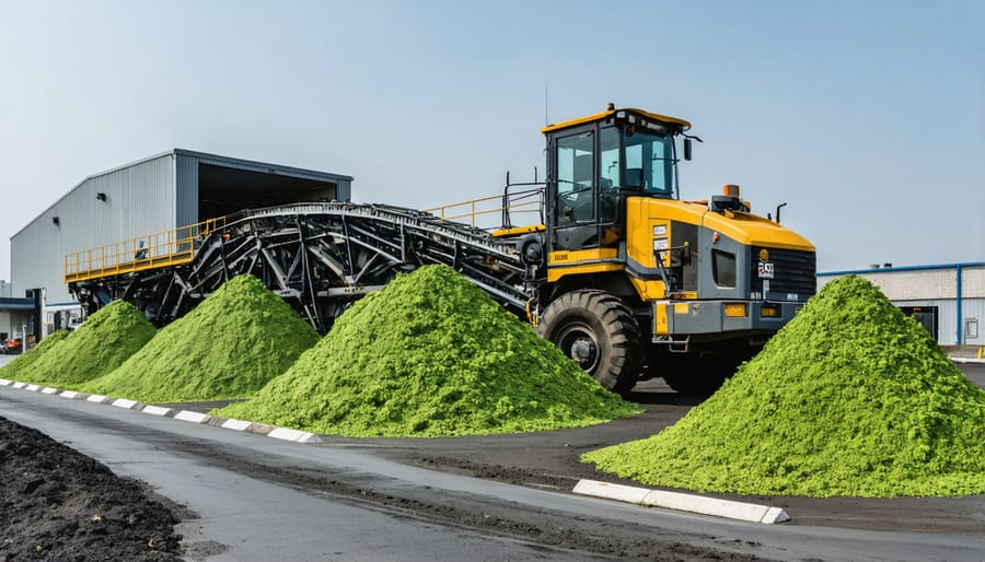 Aerial view of industrial composting facility with rows of organic material