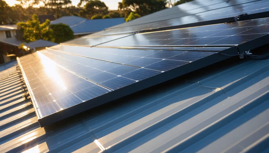 Low-angle close-up of perovskite-silicon solar panels on a corrugated Australian roof at golden hour, with gum trees and suburban homes softly blurred in the background.