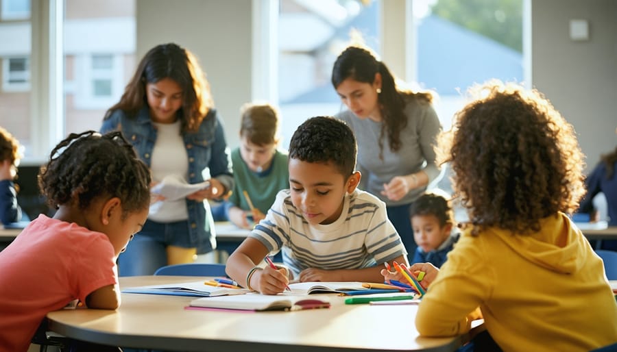 Diverse group of students participating in collaborative educational activities in a well-lit classroom environment, symbolizing innovation and sustainability in education.